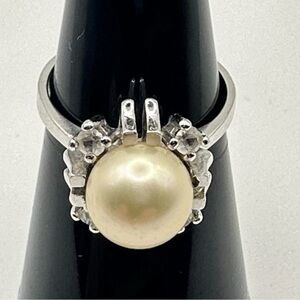 Vintage Sterling Silver Faux Pearl Clear Stone Cocktail Ring Size 7 Spain 5.13g